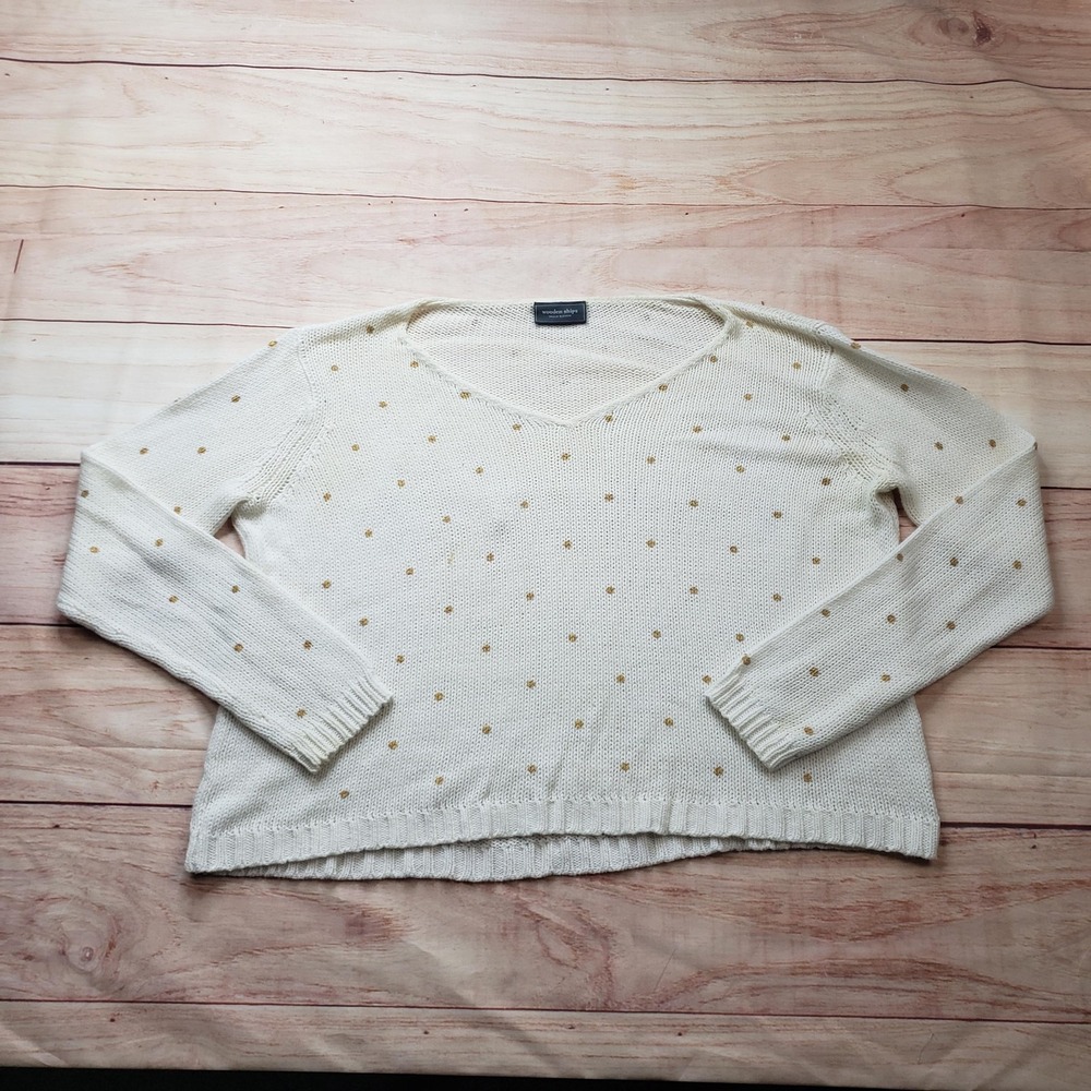 Wooden Ships Sweater Womens M Off White Open-Knit Polka Dot V-Neck Lightweight